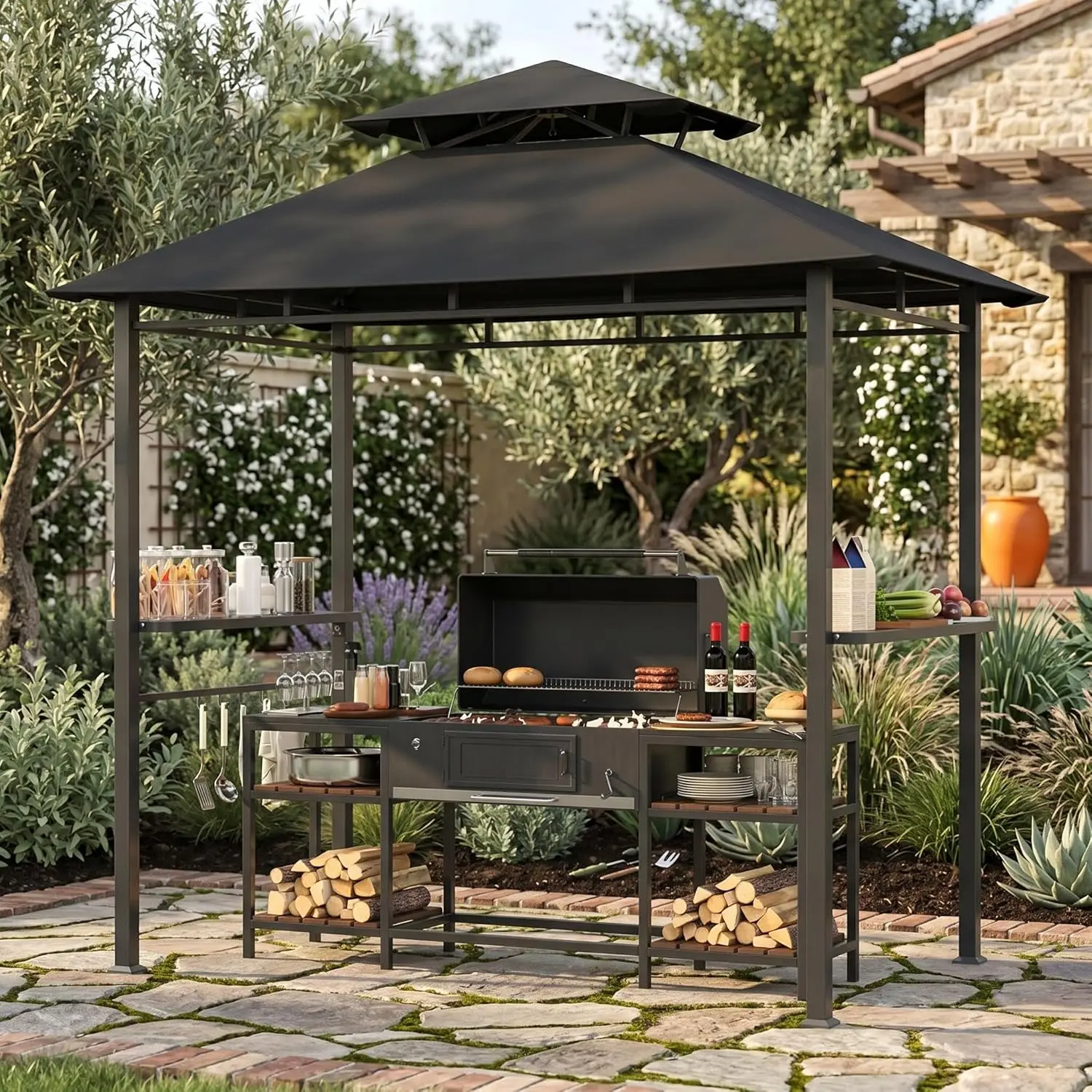 Heavy-Duty Outdoor Grill Gazebo – Double-Tier Metal Roof, Awning, 2 Serving Bars, 5 Hooks, Bottle Opener, Ground Stakes – Patio BBQ Canopy for Backyard and Deck