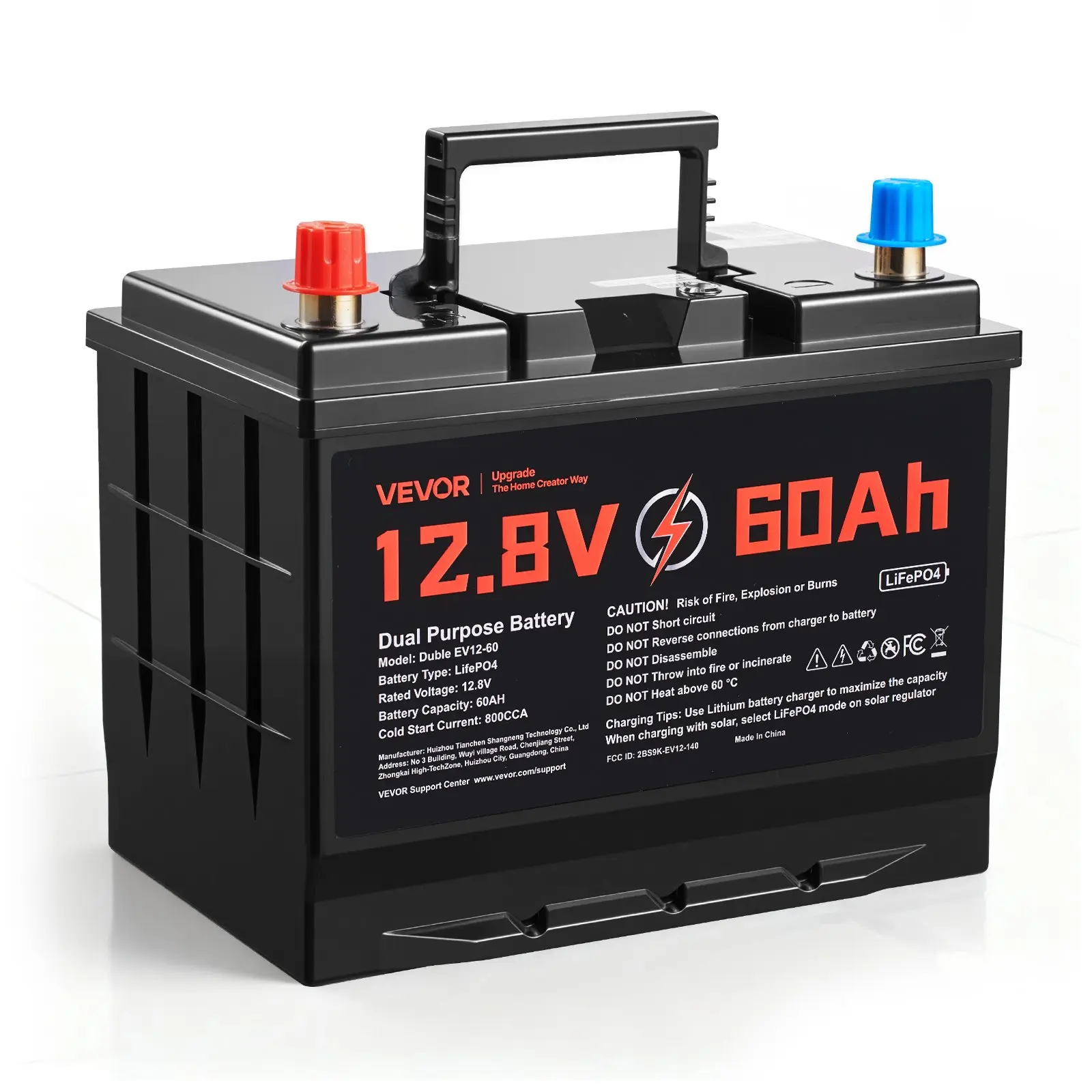 VEVOR 12V 60Ah Group 24 LiFePO4 Lithium Battery, 800 CCA Dual Purpose Starter & Deep Cycle, Built-in Smart BMS, 768 Wh, 4000 Cycles, 10.24 x 6.81 x 8.86 in, At / M8, for Car Start-Stop, Trolling Motor, Engine Starting, Automotive