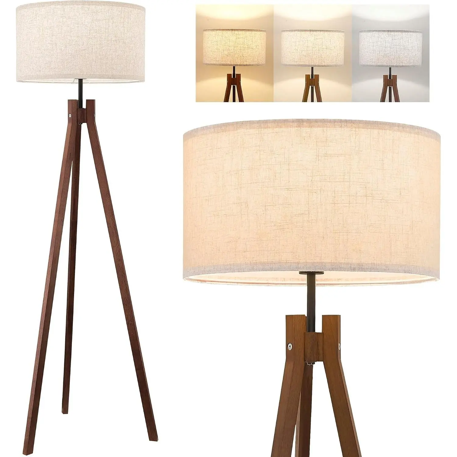 Wood Tripod Floor Lamp, Mid Century Reading Standing Lamp with 3 Color Temperatures & Linen Shade, Modern Night Light for Bedroom, Farmhouse, Living Room, Office, 9W LED Bulb Included, Brown