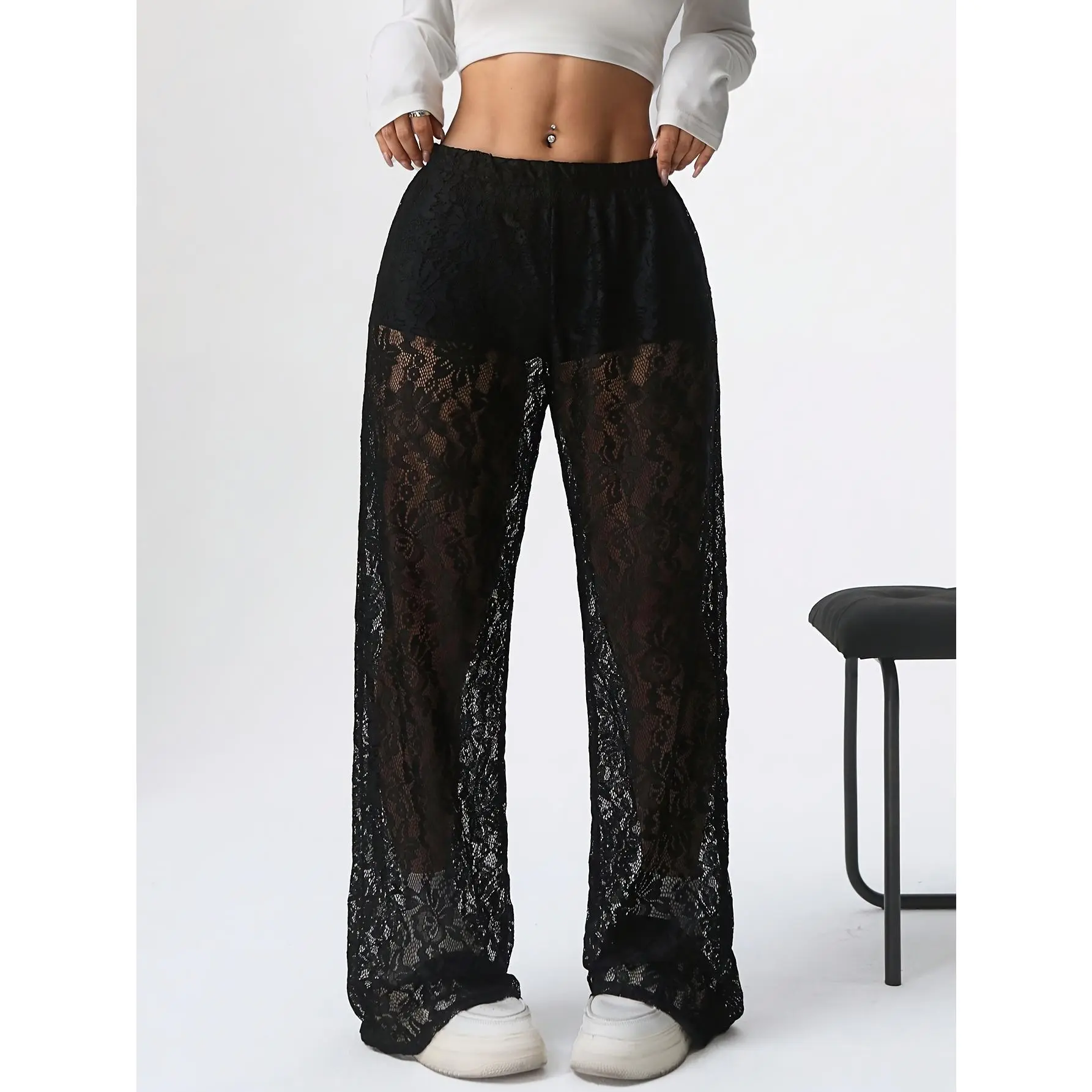 Women's Casual Lace Solid Color Semi-Sheer Pants