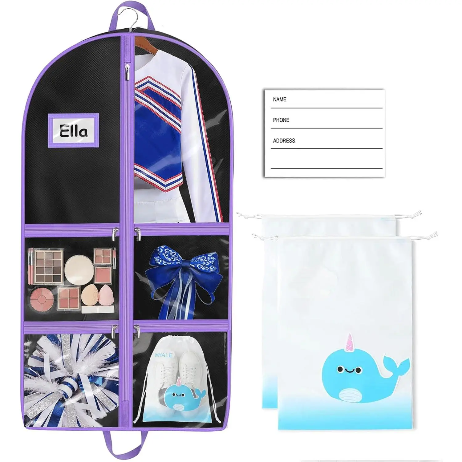 Dance Garment Bag 40 Inch with Clear Pockets, Hanging Dance Costume Garment Bag with Name Card & 2 Shoe Pouches, Cheer Uniform Garment Bag for Travel, Competitions & Performances
