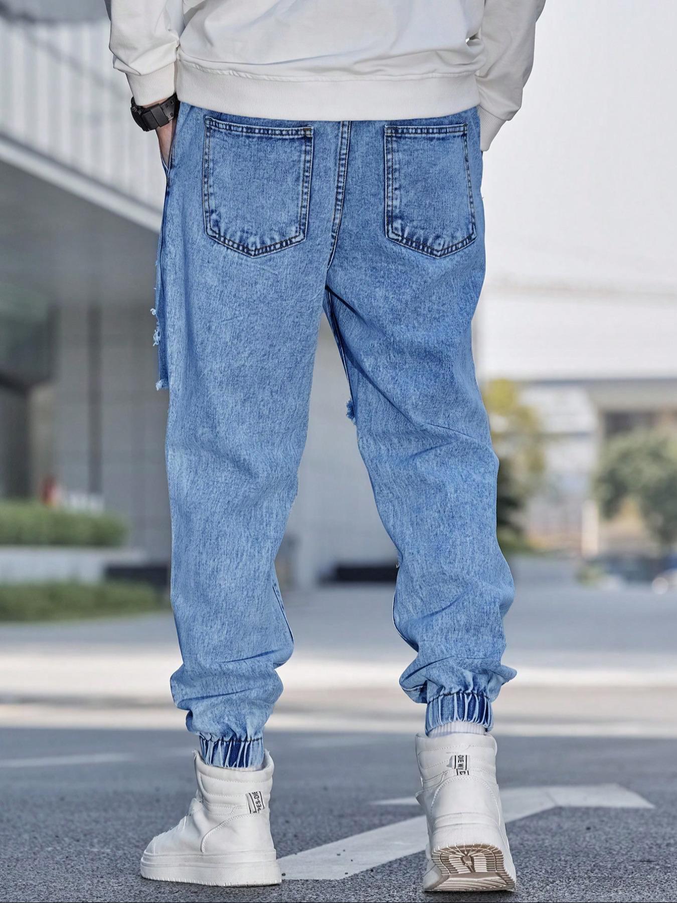 Men's Patched Ripped Distressed Knee Jeans Drawstring Waist, Loose Casual Fashion Street for Daily Wear, Men's Trousers for All Seasons