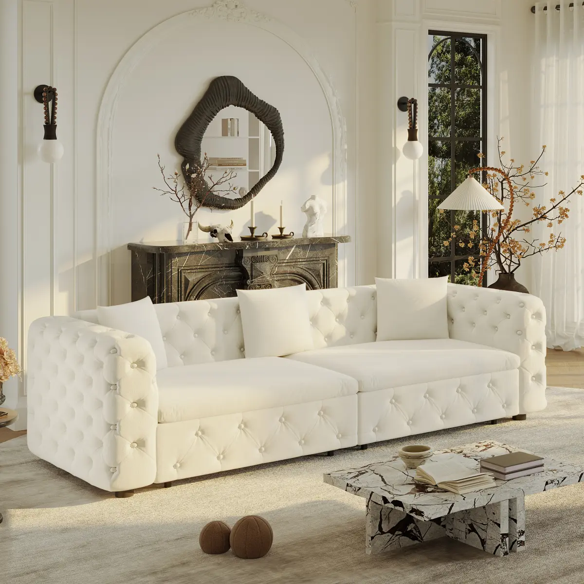 89" Extra Large Multifunctional Sofa Bed, 3-in-1 Pull Out Sofa, 4-Seater Classic Velvet Sofa with Tufted Design, Includes 3 Throw Pillows, Suitable for Apartments and Living Rooms, Beige&White