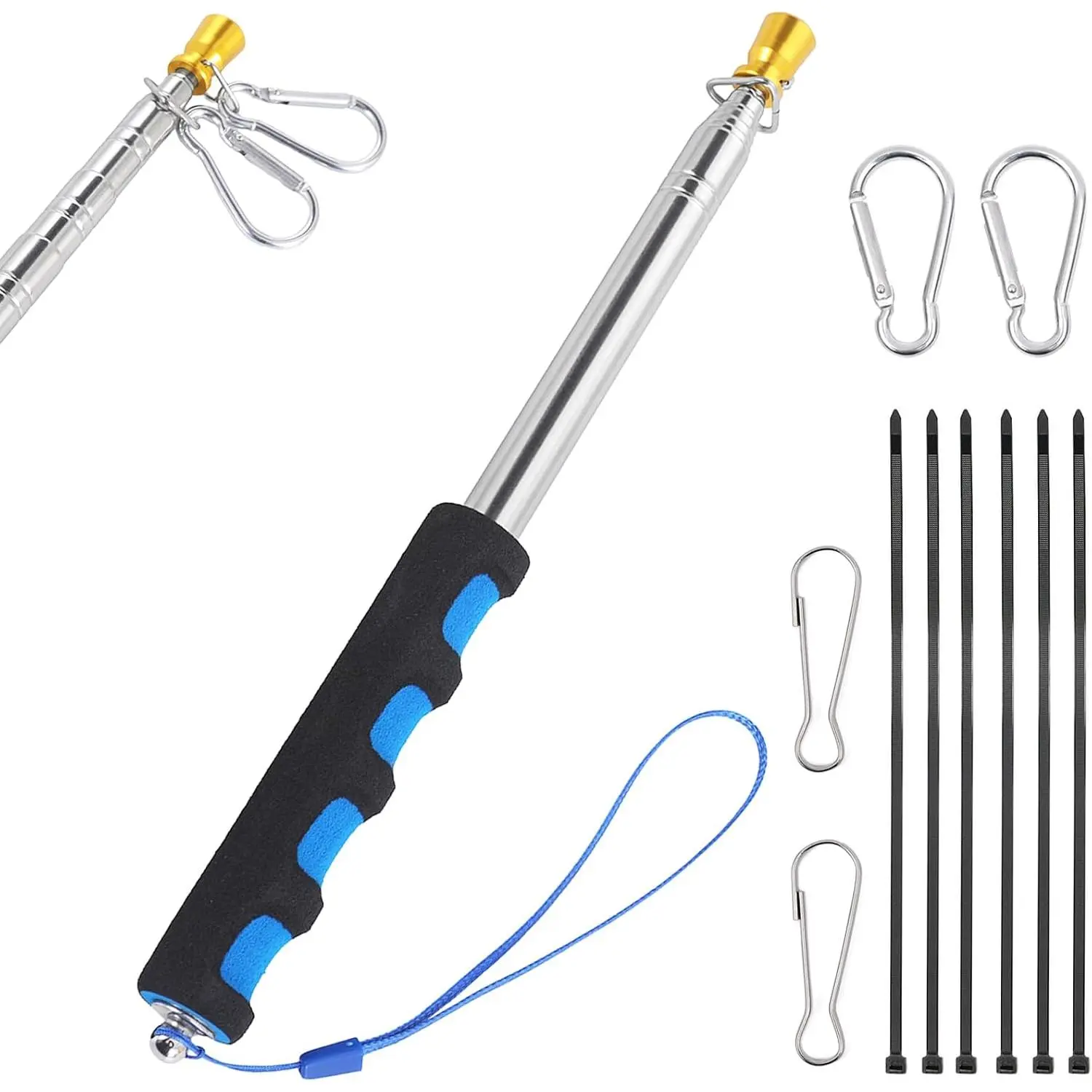 Telescopic Handheld Flagpoles with Clips Zip Ties,5.2 Ft Portable Handheld Flag Pole,Stainless Steel Extendable Tour Guide Flag Pole Telescoping Teaching Pointer Stick for Festival Teachers