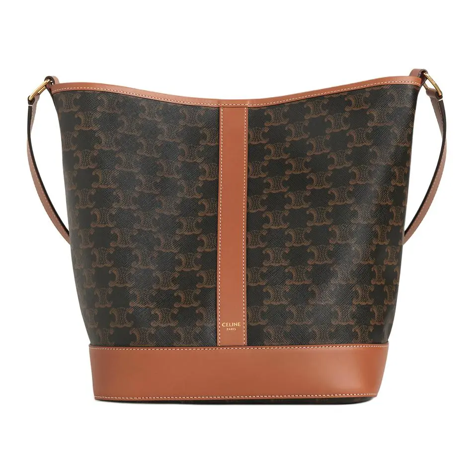 Celine Triomphe Canvas Bucket Bag for Women, Medium Size, Tan Brown with Calfskin Trim