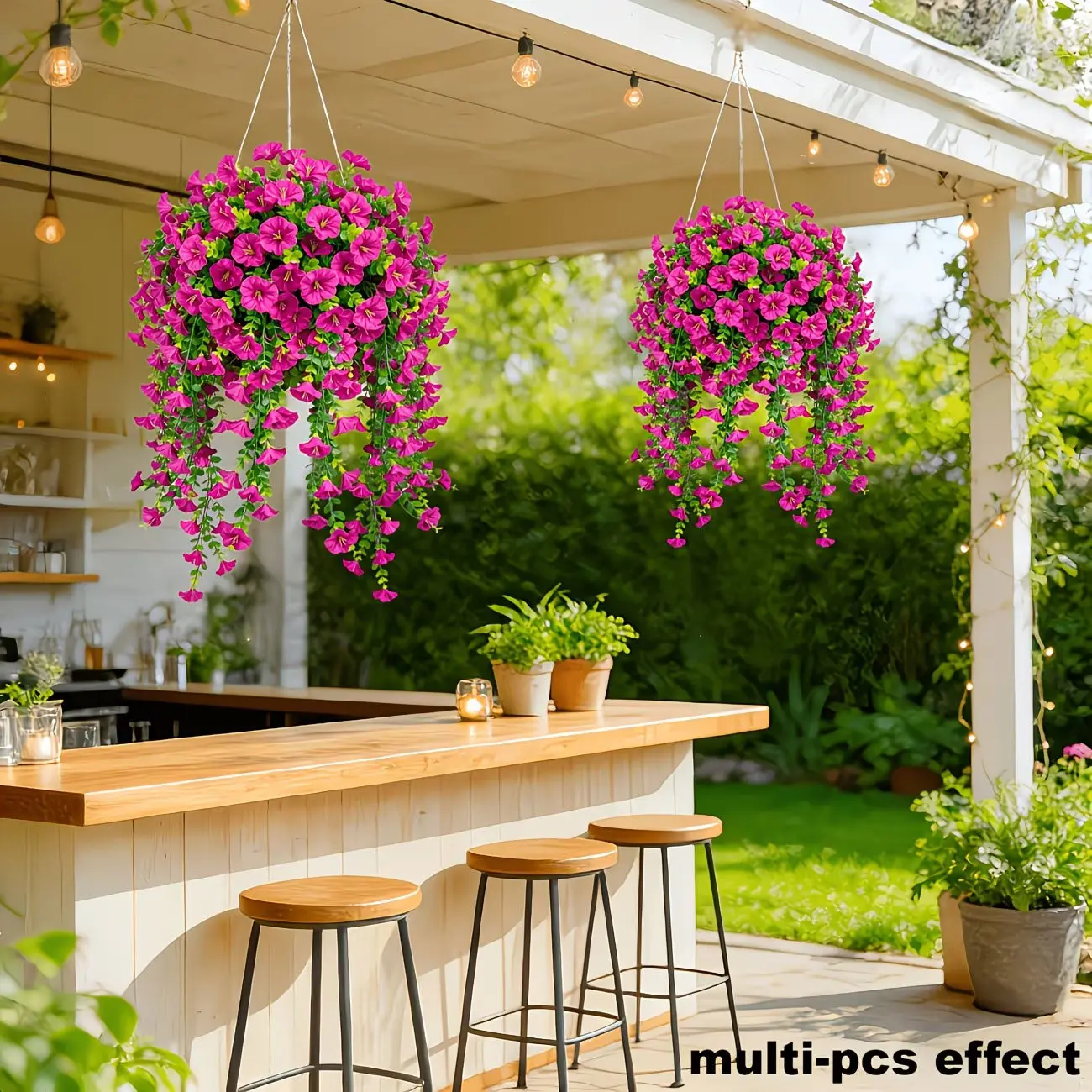 1-2 sets of artificial hanging plant baskets, realistic petunia indoor and outdoor hanging baskets, with realistic appearance and UV resistance, suitable for porch, home, interior, terrace, balcony and courtyard decoration.