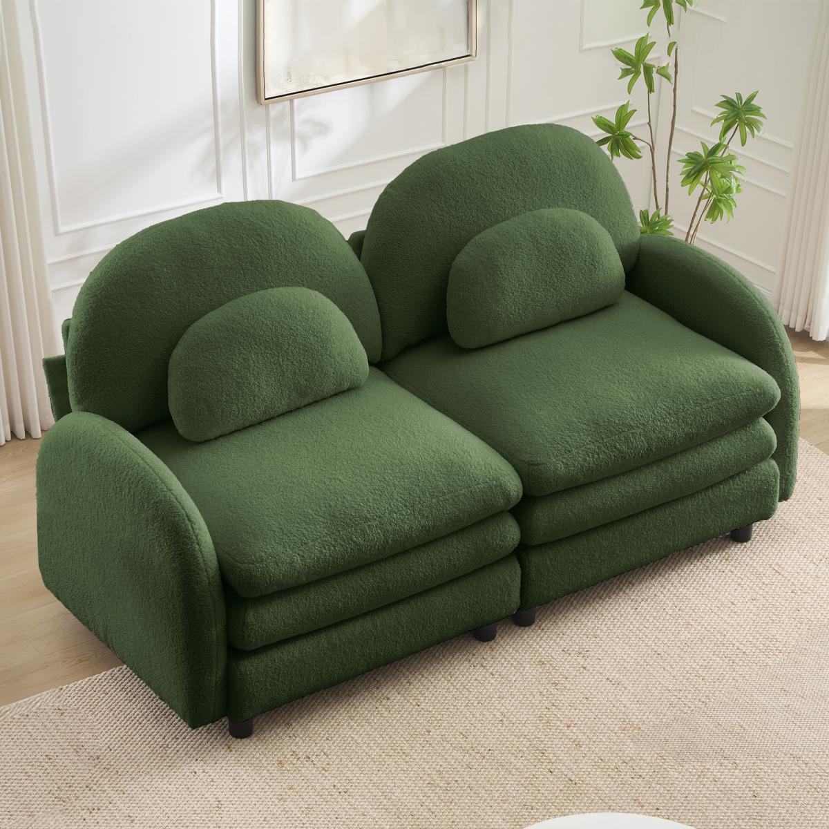 Teddy Fabric Soft Cloud-like Loveseat Sofa,Curved Backrest and Armrest with Curved Lumbar Pillows, Modular 2 Seater Couch with Supportive Double-layer cushion, Green Teddy Fabric Soft Cloud-like Loveseat Sofa,Curved Backrest and Armrest with Curved Lumbar Pillows, Modular 2 Seater Couch with Supportive Double-layer cushion, Green