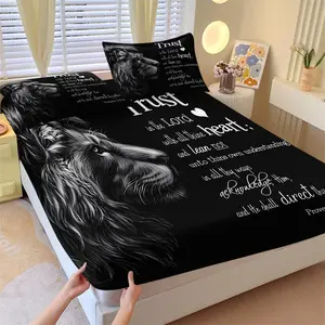 3Pcs Black & White Lion with "Trust in the Lord" Bible Verse Fitted Sheet Set, Decorative bedsheet sets, Soft Breathable Fabric with Inspirational Quote & Lion Print, All Season Use, Bedroom & Faith Decor, Fits Most Mattresses, Multiple Sizes