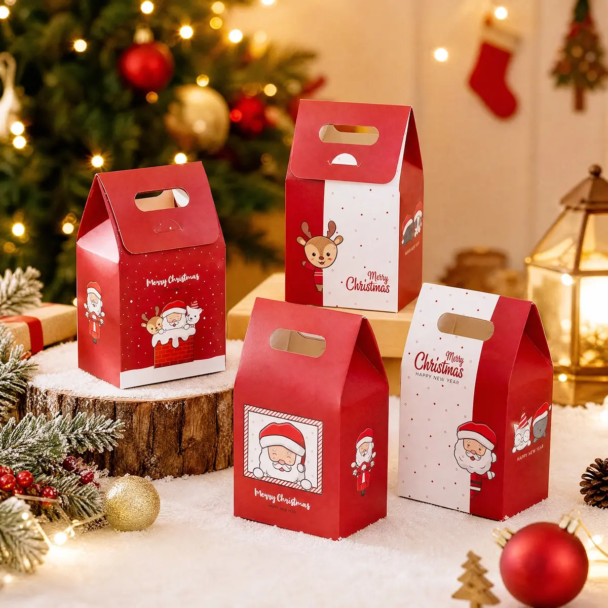 Foldable Flip Top Christmas Handheld Boxes 12Pcs, Thick Cardboard Gift Boxes with Cartoon Santa & Reindeer Prints, Portable Small Gift Packaging Boxes for Christmas Party Favors