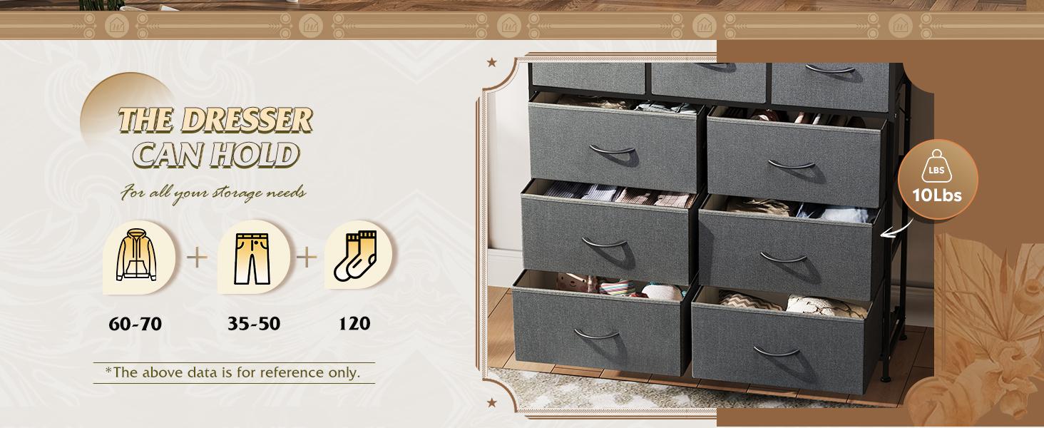 9-Drawer Dresser, Fabric Storage Tower for Bedroom, Hallway, Entryway, Closet, Tall Chest Organizer Unit with Fabric Bins, Steel Frame, Wood Top, Easy Pull Handle, Dark Grey