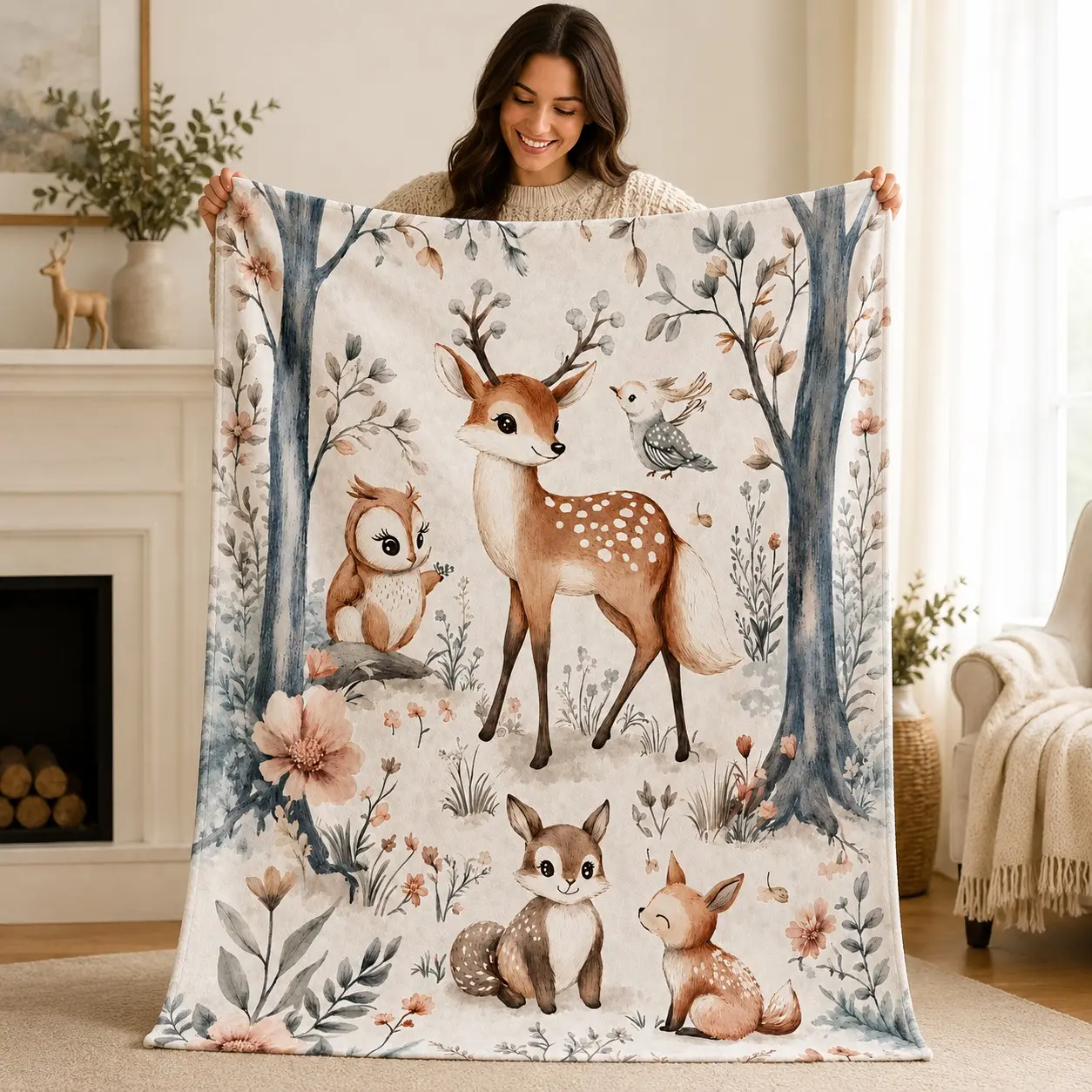 1pc Woodland Deer Flannel Blanket, Cute Forest Animals Fleece Throw Blanket, Deer Owl Bird Floral Botanical Cozy Blanket for Sofa Bed Couch Office Travel Nursery Woodland Home Decor, Birthday Christmas Gift
