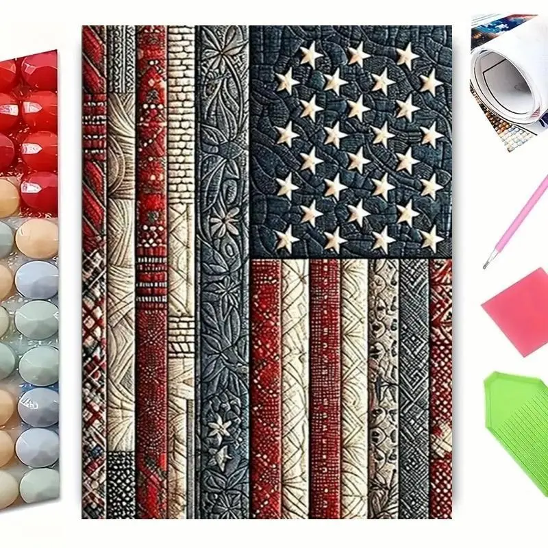 5D DIY Diamond Painting Handcraft Kit for Adults - Vintage Textured Patchwork American Flag Diamond Art, Embossed Floral Quilt Patriotism Design, Acrylic Cross Stitch, Fourth of July Gift, Farmhouse Rustic Living Room Wall Decor, 4Th Of July