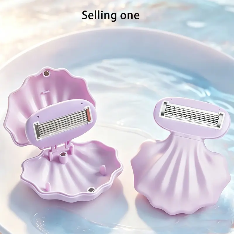 Cute Shell Shape Mini Women Manual Razor with Storage Case, Portable Travel Bikini Shaver Multi-Layer Stainless Steel Blades, Compact Safety Hair Remover for Legs Underarms Bikini Sensitive Skin, Pastel Purple Girly Design