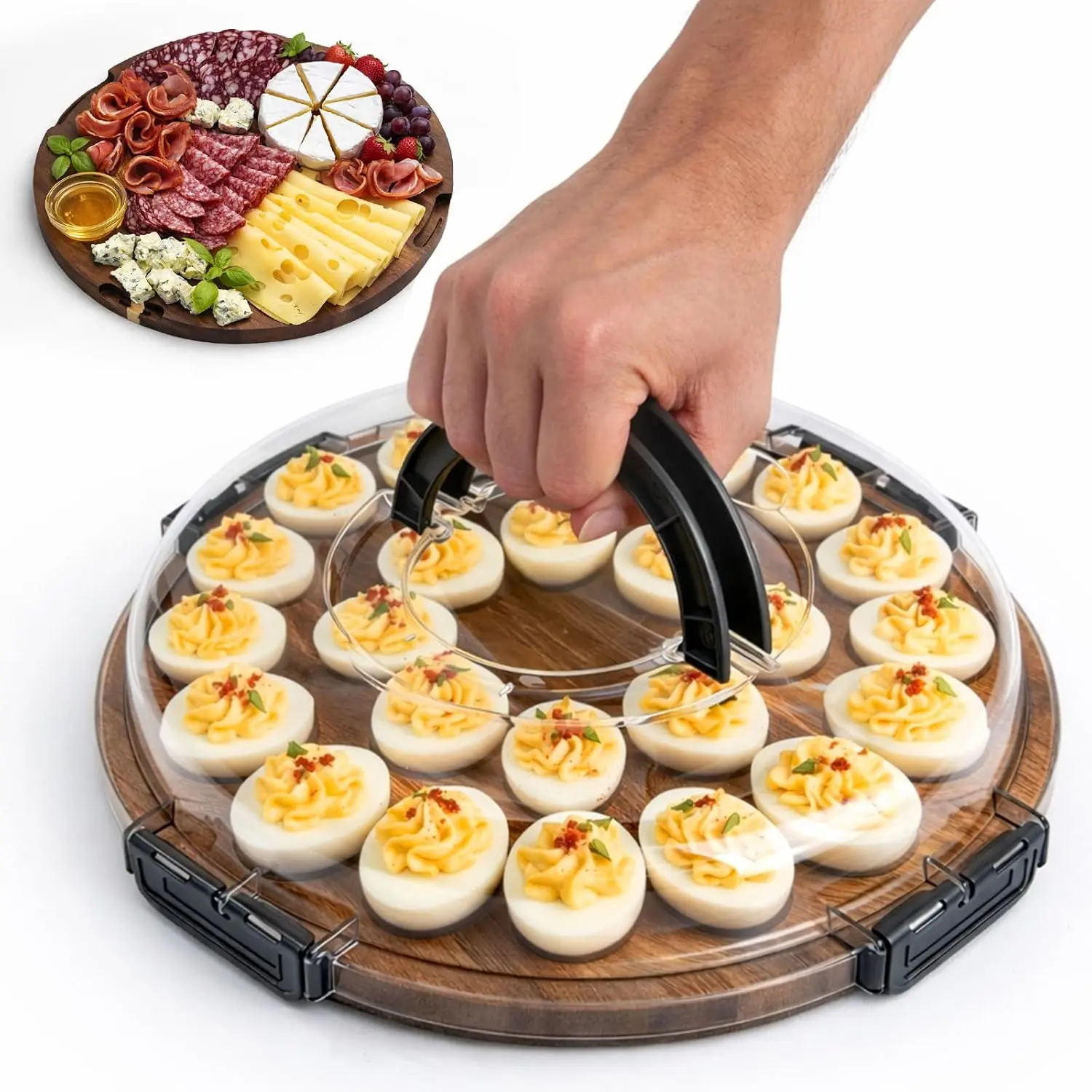 Deviled Egg Containers with Lid, 24-Slot Acacia  Deviled Egg Tray Platter for Serving and Transporting, Elegant Party & Potluck Serving Board (Black)