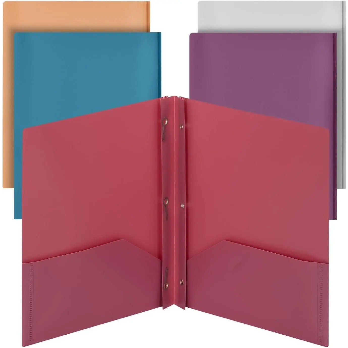 Modern 2-Pocket Synthetic Filing Folders with Prong Fastener, 5-Pack Assorted Colors, Office Stationery for Document Organization