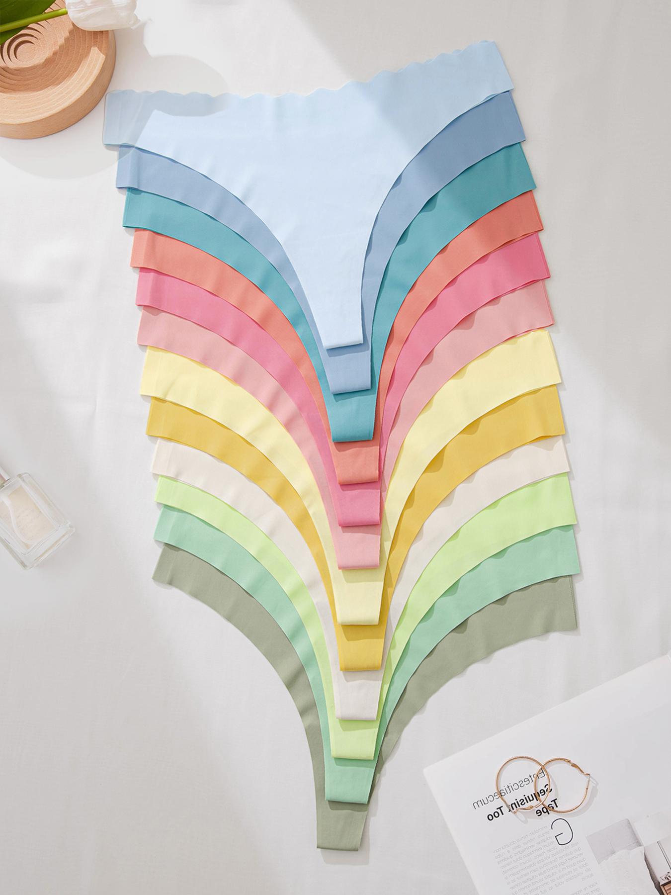 Women's Solid Scallop Trim Thong, Soft Comfy Breathable Seamless Drop Waist Panties for Daily Wear, Ladies Underwear for All Seasons, Panties Collection, Seamless Panties Set