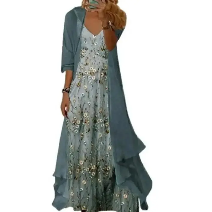 Women's 2-Piece Boho Outfit with Floral Print Maxi Skirt and Cardigan, Flowy Chiffon Summer Casual Wear for Wedding Guests, Dresses To Wear To A Wedding, Two-Pieces