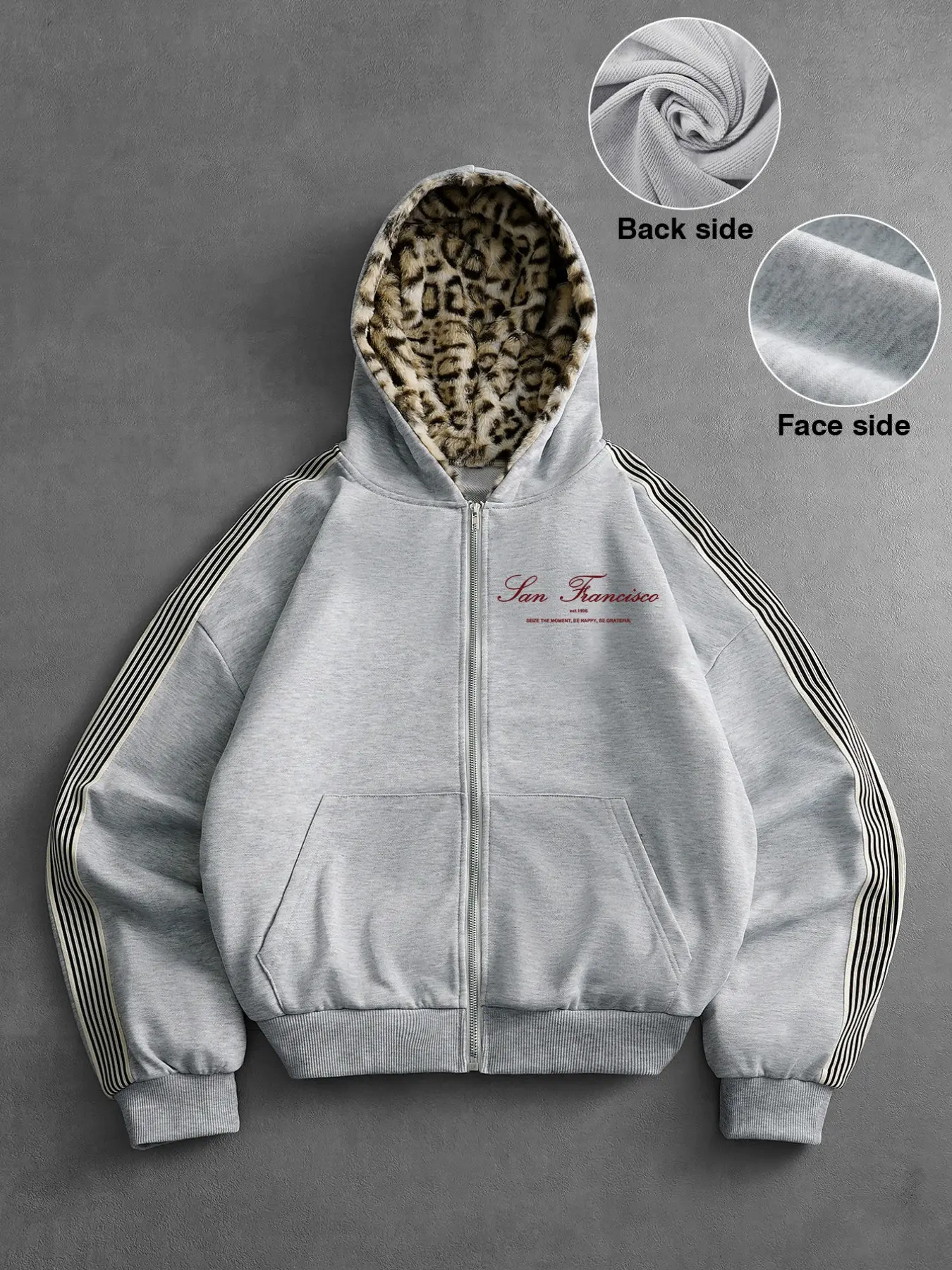 Men's High Street Leopard Print Hoodie, Thickened Lined, Vintage Letter Stripes, Loose Fit, Casual, Zip-Up Open Front Jacket