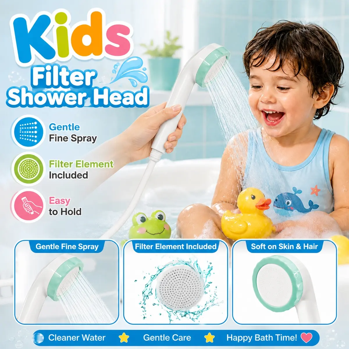 Kids Filtered Shower Head, Handheld Portable Travel Calcium Sulfite Showerhead with Replaceable Filter Cartridge, Water Saving Spray, Chlorine Reducing Bathroom Shower Nozzle for Children, Family Home Bathroom, RV, Hotel Use