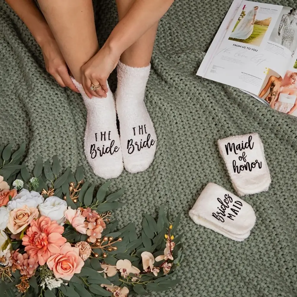 white Fuzzy Socks Lady wedding engagement Sleepover Slumber spa Bachelorette hen night Party Bach weekend girls trip Bridal Shower decoration Honeymoon Present Bride Mrs bridesmaid Maid of Honor Proposal Gift Fluffy Socks