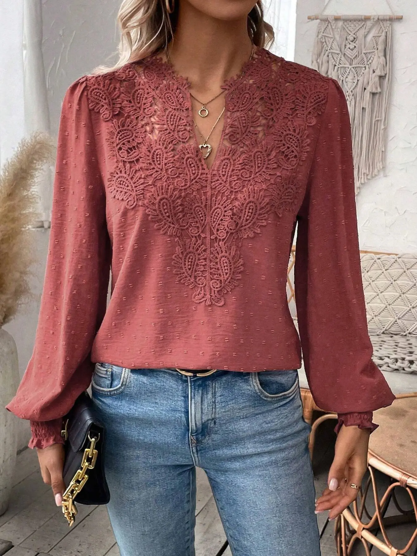 French Countryside Style Hollow Out V-Neck Shirt, 3D Embroidered Fabric, Long Sleeve Ruffle Sleeve, Soft Dating Top Feminine, Slimming Upper Garment, Fashionable Blouse