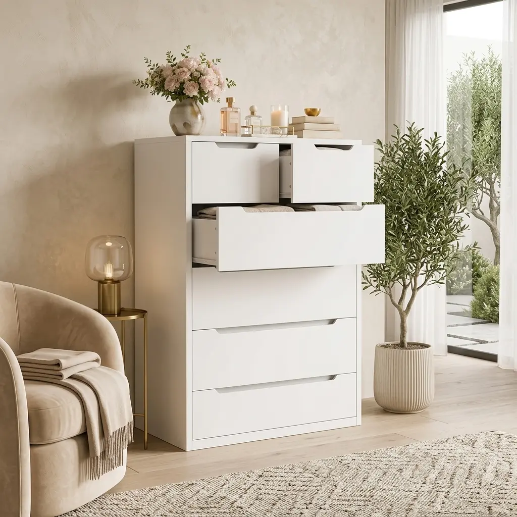 Modern Wood Tall Dresser Chest of Drawers, 4/5/6 Large Drawers with Smooth Metal Rails, White Spacious Storage Cabinet for Bedroom, Living Room, Stylish Home Decor
