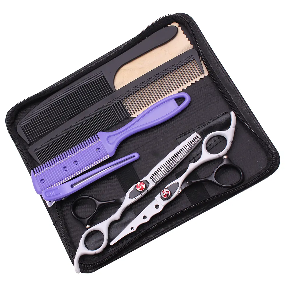 Hair Scissors Japan Stainless Hairdressing Scissors Purple Hair Scissors 1Set Barber Shop Thinning Shears Haircut Shears