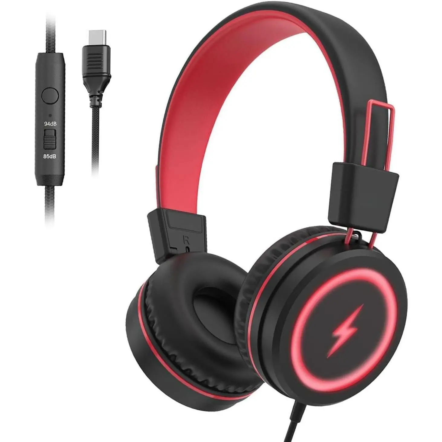 Headphones for School, USB Type C  Headphone with LED Lights, Wired Boys Girls Headphones with Safe Limiter 85dB/94dB, Foldable  Ear Headphones with Microphones for School/iPad, Black