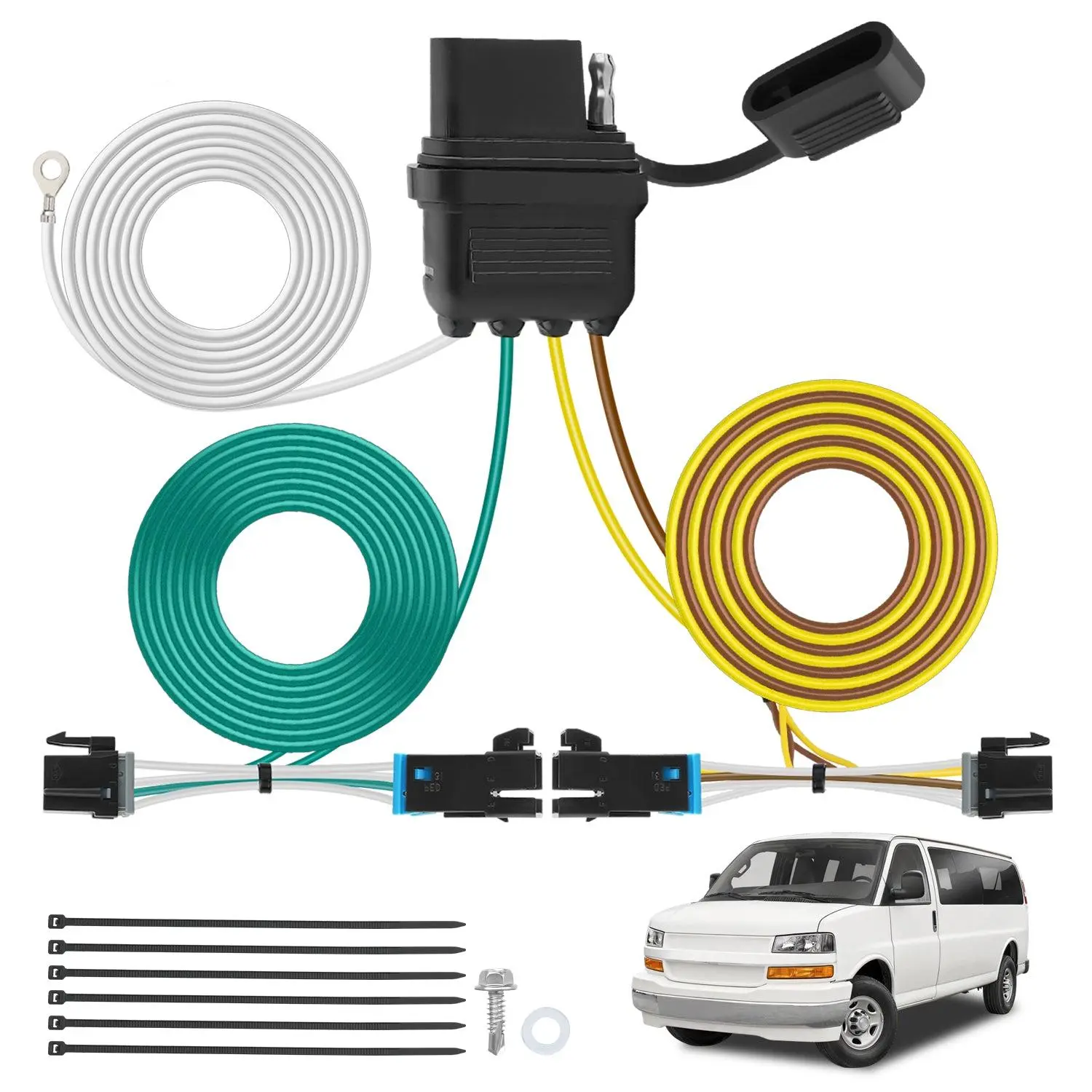 Nilight 4-Pin Trailer Wiring Harness 55540, Pure Copper Wire with Dust Cover, Easy to Install, Custom-Fit for 2003-2024 Chevy Express & GMC Savana 1500