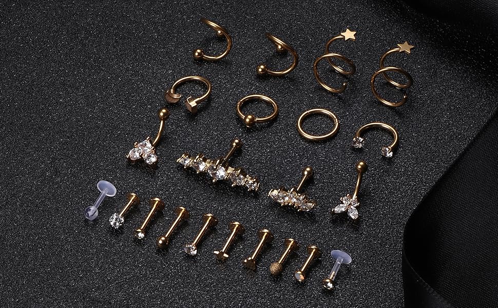 22PCS Ultimate Piercing Set | 16G Stainless Steel Cartilage Jewelry | Includes Labrets, Hoops, Spirals & Clickers | Waterproof & Hypoallergenic for Helix, Tragus, Conch & Lip