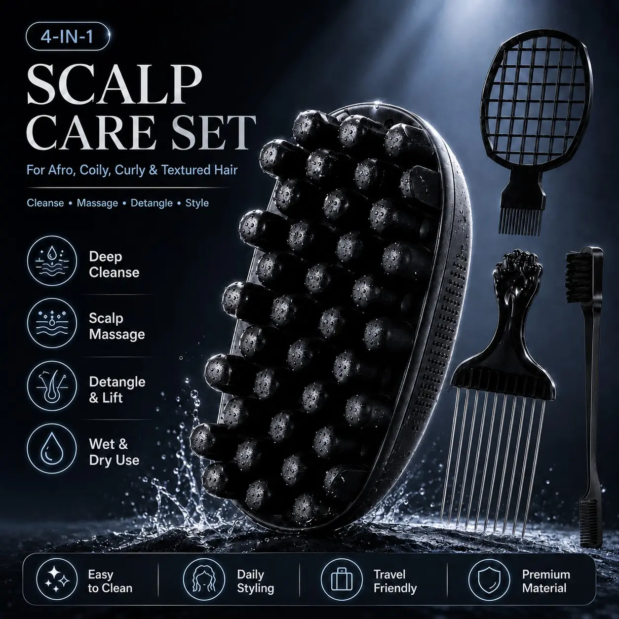 4-in-1 Scalp Care Set for African Hair, Afro Twist Sponge Brush Kit with Pick Comb & Edge Brush, Wet Dry Scalp Massager for Afro Coily Curly Textured Hair, Detangling Curl Styling Tools