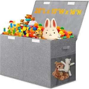 Gray Linen Plastic Decorative Toy Storage Box with Lid & Divider - Sturdy, Lightweight, Collapsible Organizer Container for Kids' Playroom, Bedroom (25"x13"x16")