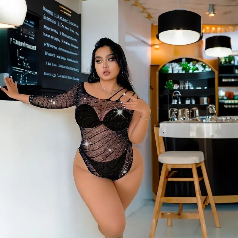 Plus Size Striped Rhinestone Hollow See-Thru One-Piece Lingerie Bodysuit