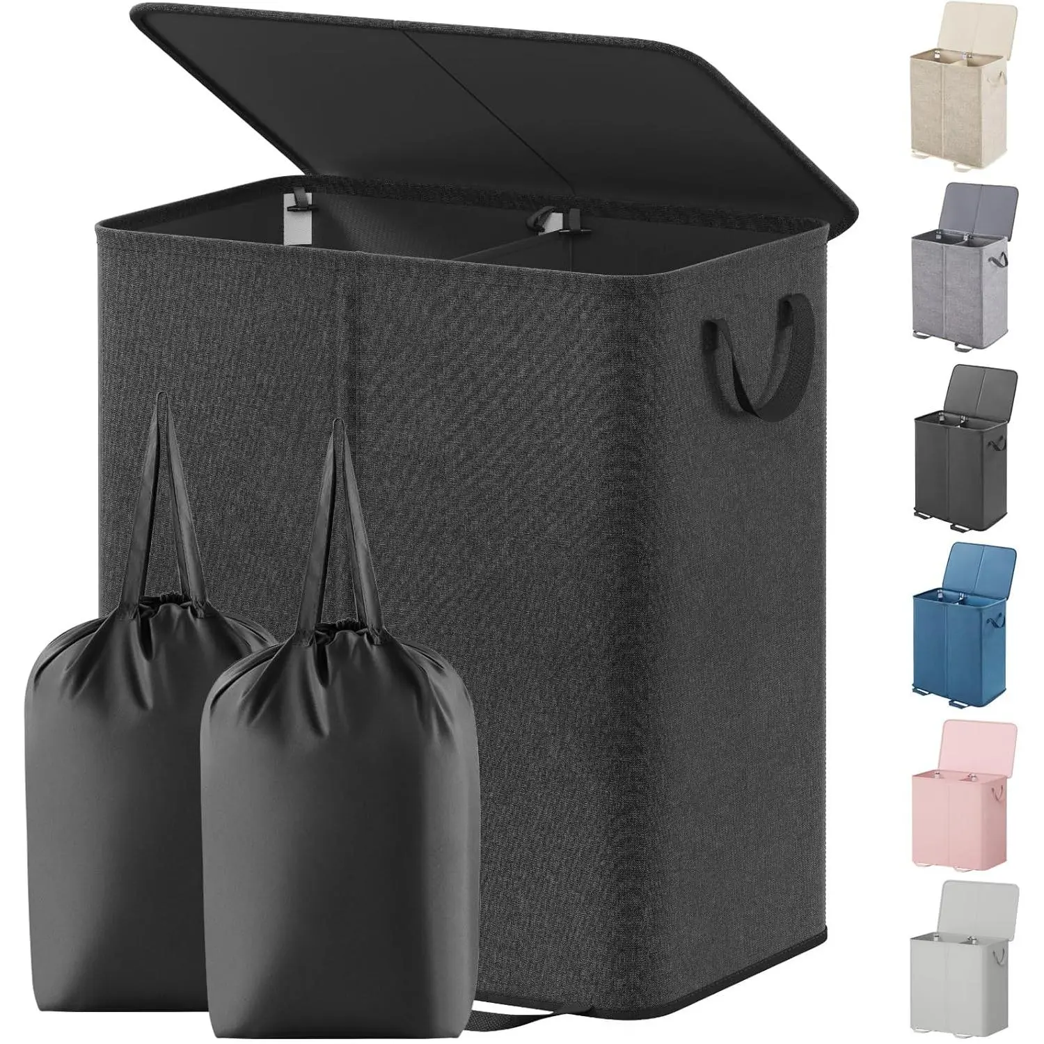 Double Laundry Hamper with Lid and Removable Laundry Bags, Large Collapsible 2 Dividers Dirty Clothes Basket with Handles for Bedroom Laundry Room Closet Bathroom College, 155L Black