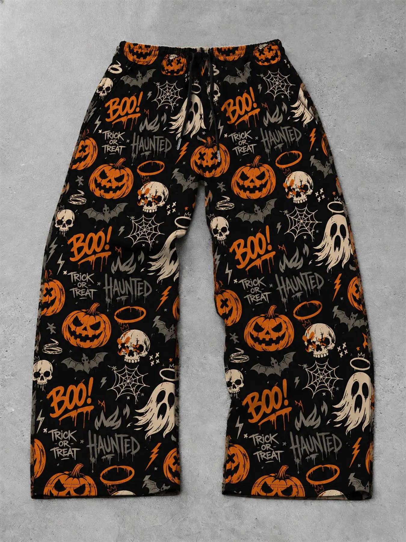Men's Drawstring Wide Leg Baggy Pants With Halloween Pumpkin, Ghost And Skull Prints, Suitable For Halloween Parties, Streetwear And Daily Casual Outings