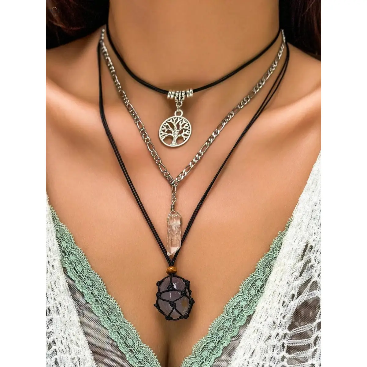 Women's 3-Piece Boho Layering Necklace Set, Adjustable Chains with Raw Crystal Pendants & Tree of Life Charm, Spiritual Festival Wear Jewelry, Accessories for Women, One-Size