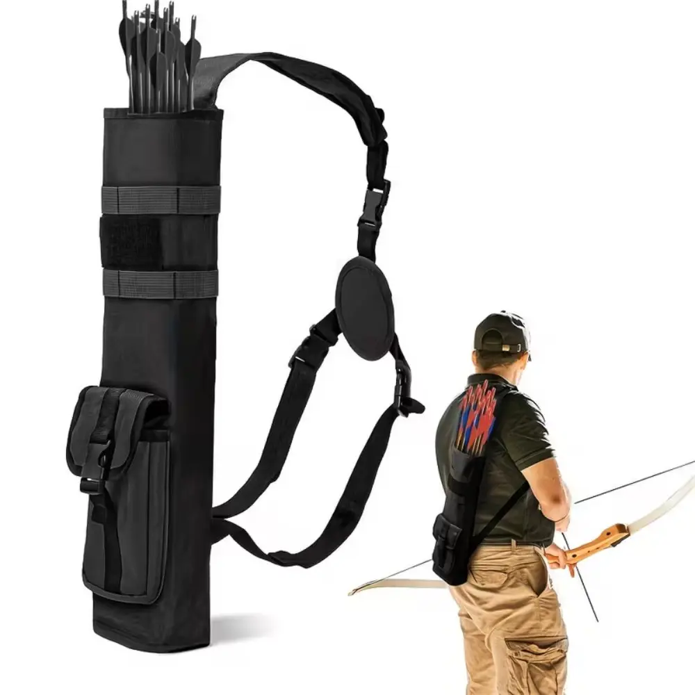 Archery Back Arrow Quiver with Adjustable Shoulder Strap, Large Capacity Oxford Fabric Arrow Tube Equipped with Extra Side Storage Pocket, Hook And Loop Fixing Design for Bow Hunting Target Shooting Outdoor Archery Practice