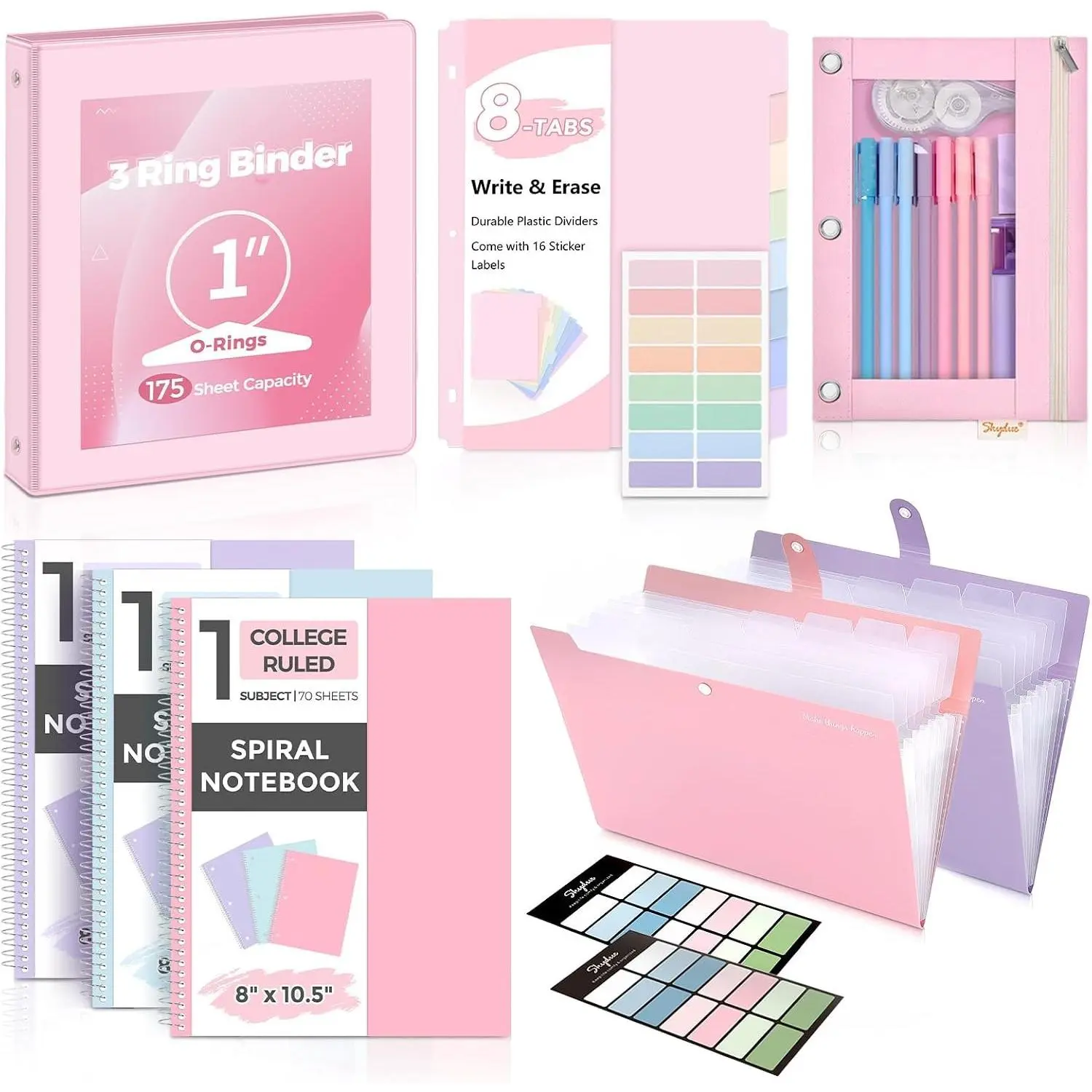School Supplies Set - 1" 3-Ring Binder, 2 PP Plastic Expanding Folders, 3 Spiral Notebooks, 8 Tab Dividers, Pencil Pouch - Cute Letter/A4 Paper Compatible Office Stationery for High School/College Essentials