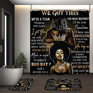 LVRLVR 4Pcs Black King Queen Couple Crown Motivational Quote Text Print Vintage Golden Dark Art Style Black Gold Tone Shower Curtain Set 70.8×70.8 Inch