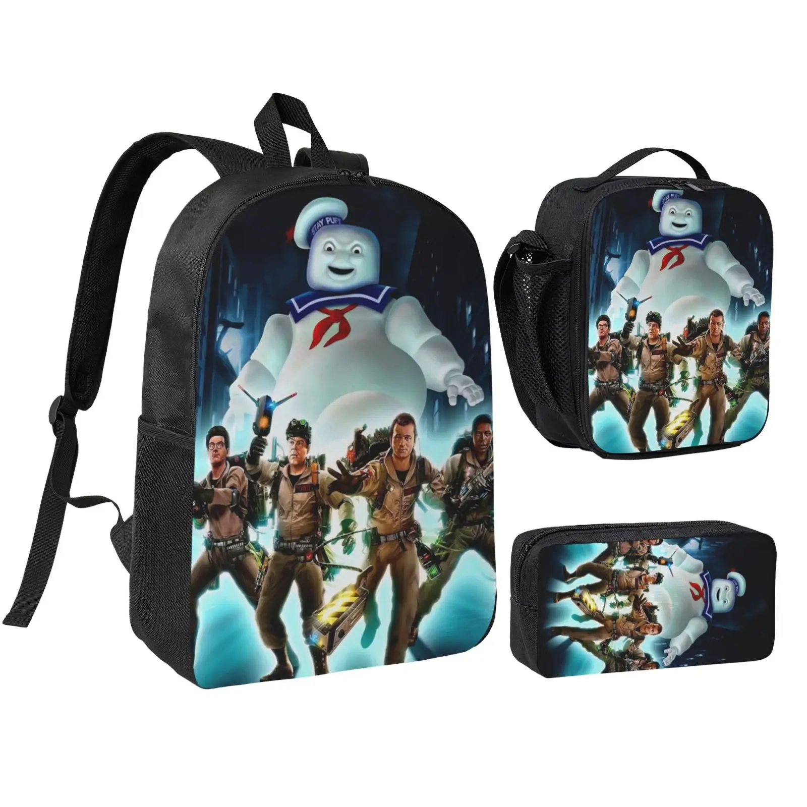 Kids' Unisex Anime Ghostbusters1 Polyester 3-Piece School Backpack Set Pack, Cute Print Bookbag with Adjustable Straps, Insulated Lunch Bag, Pencil Case, Lightweight Waterproof School/Travel Daypack