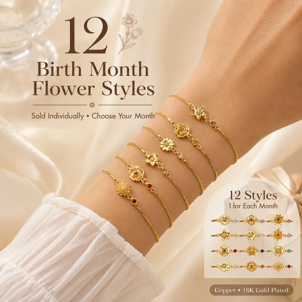 Women’s Birth Month Flower Charm Bracelets for Women - Gold-Tone Plain Adjustable Copper Base, Colored Stone Accent, Personalized Female Birthday Gift