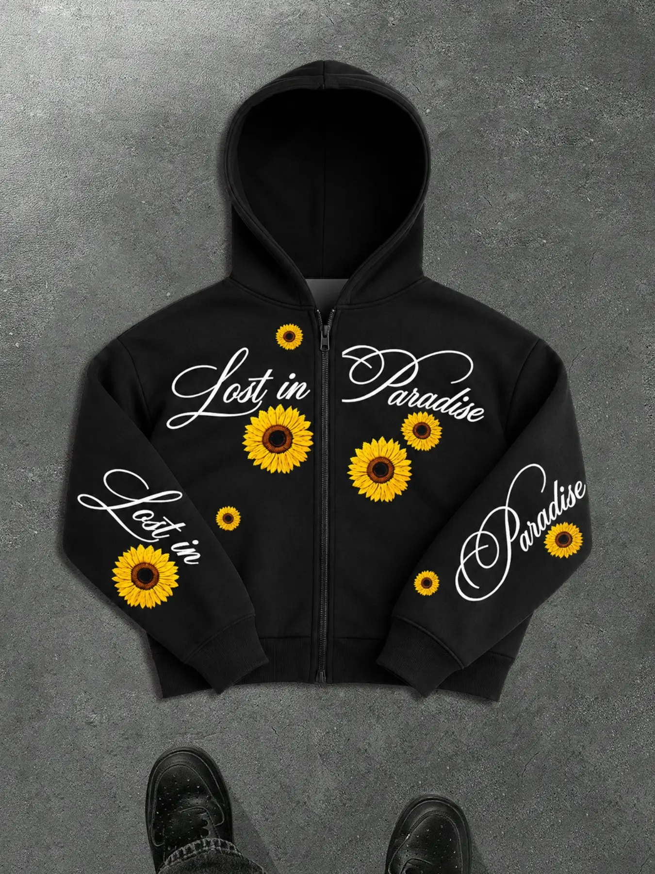 Oversized Zip Up Hoodie Women Men Y2K Streetwear Graphic Sunflower Print Sweatshirt "Lost in Paradise" Sleeve Printed Casual Jacket Outwear OOTD