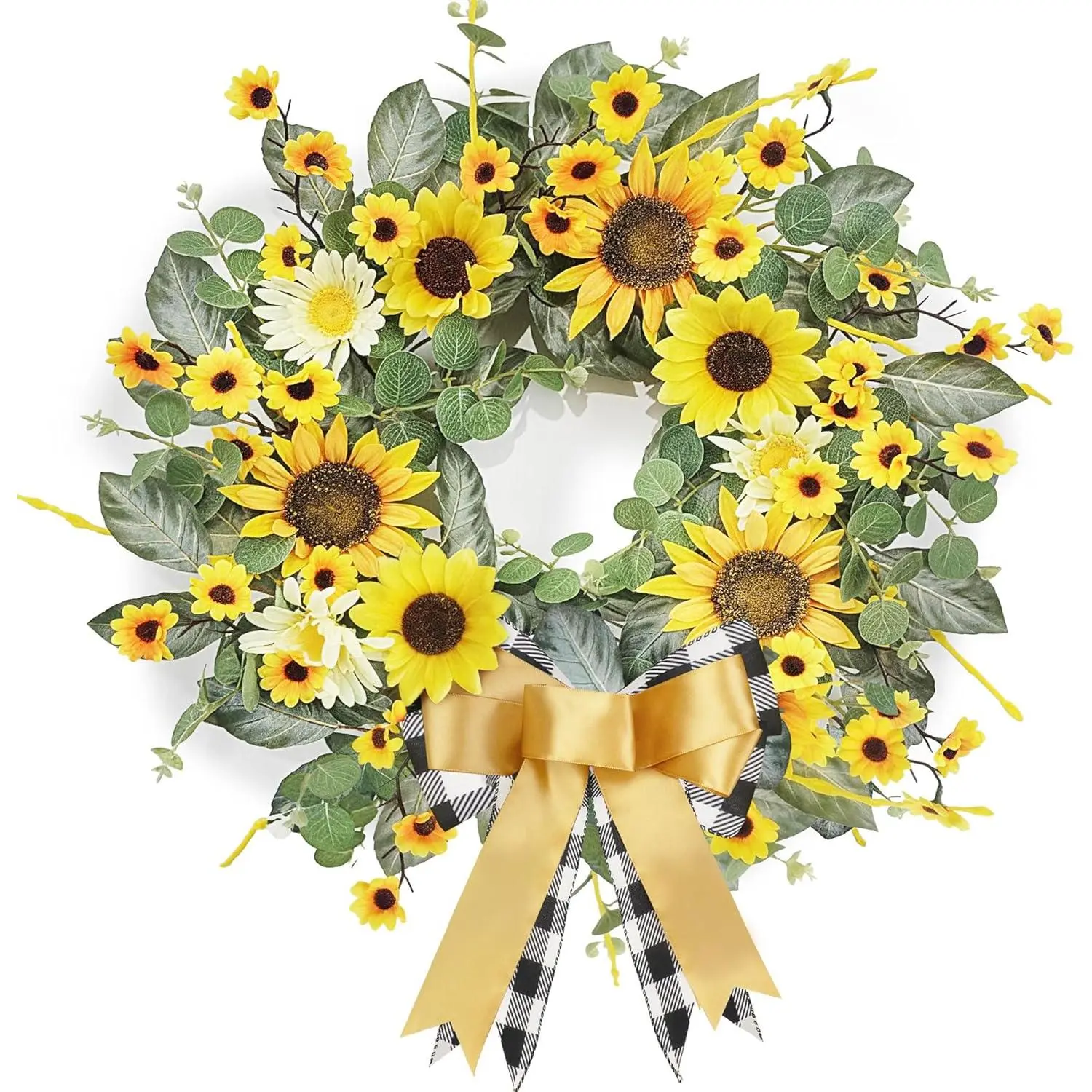 22-in Yellow Sunflower Floral Wreath with Daisy, Linen Ribbon & Metal Hanger - Nature-Inspired Home Decor for Spring, Summer Festivals - Gift for Home Party, Wedding, Window