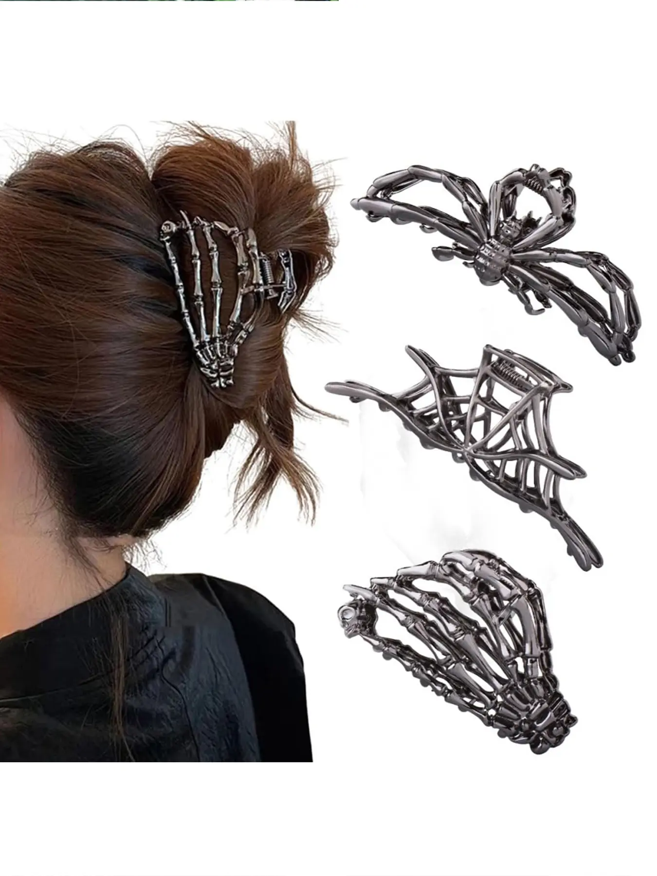 3 Pcs Hair Claw Clip Set, Claw Clip Pack, Clip Design, Fun Hair Clips, Black Spider Web, Skeleton Hand and Spider Claws for Women and Girls, Hip-Hop Style Metal, One Size for Thick and Thin Hair, Great for Hair Styling and Party Gifts