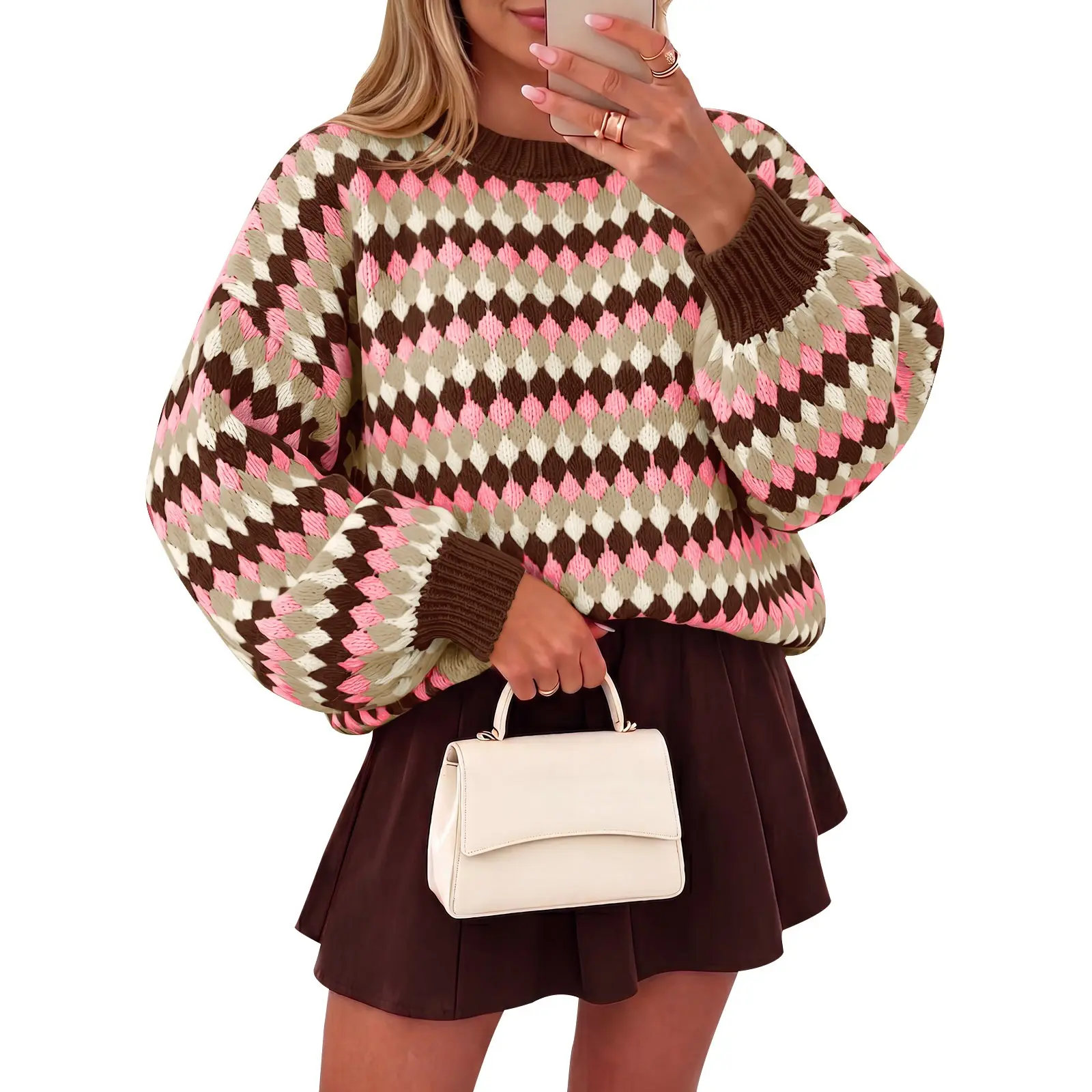Saodimallsu Women's Color Block Striped Loose-Fit Chunky Knit Sweater - Crew Neck, Medium Length Long Sleeve Knitwear, 100% Acrylic Fabric, Machine Washable