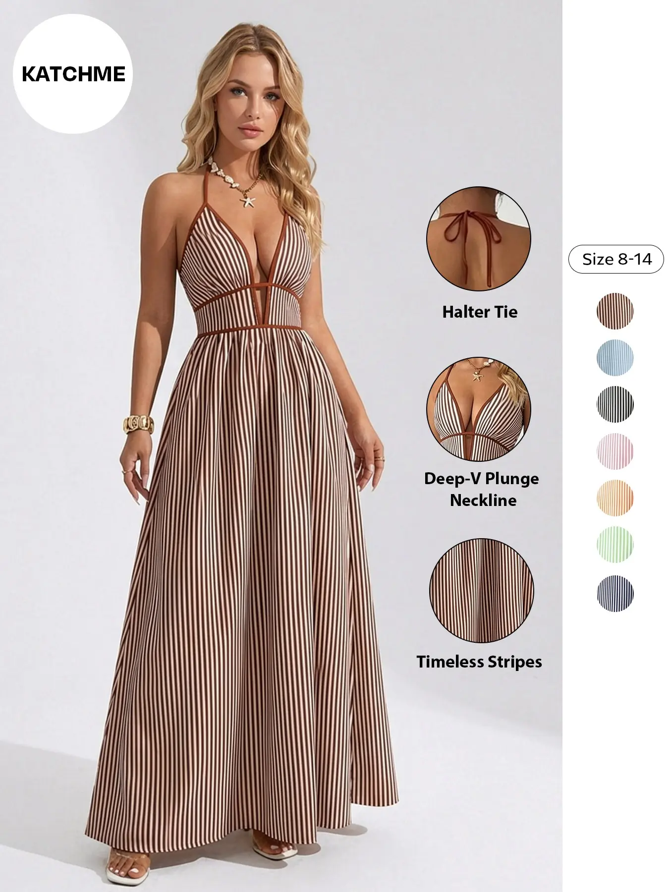Women's Elegant Striped Print Deep V Neckline Adjustable Halter Maxi Dress, Summer Lightweight Sleeveless Dress for Beach & Holiday, Comfort Women's Clothing #TikTokMadeMeBuyIt #CleanGirl