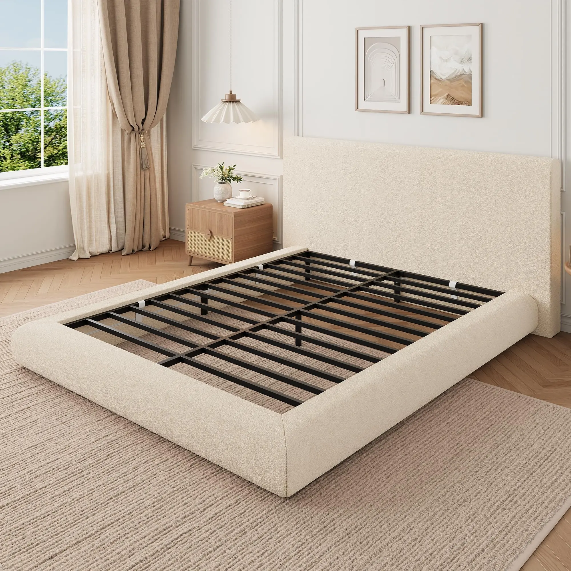 Modern Cloud Bed Frame Full Size Upholstered Platform Bed with Plush Lamb Wool Headboard No Box Spring Needed Noise Free Furniture for Bedroom