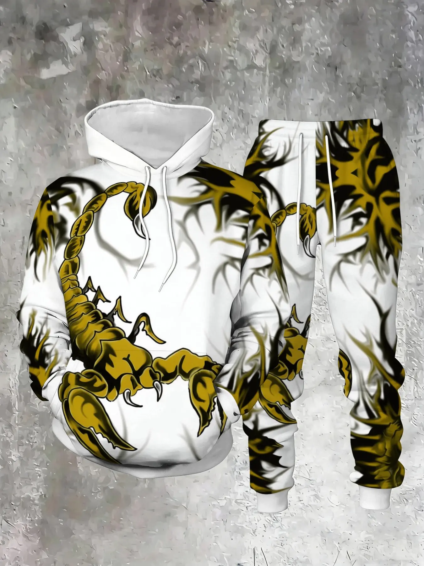 Men's Scorpion Print Hoodie & Sweatpants Set, Sporty Polyester Fabric, Fall Winter Casual Wear, 2 Piece, Casual Matching Sets, Long Sleeve, Matching Outfits Set