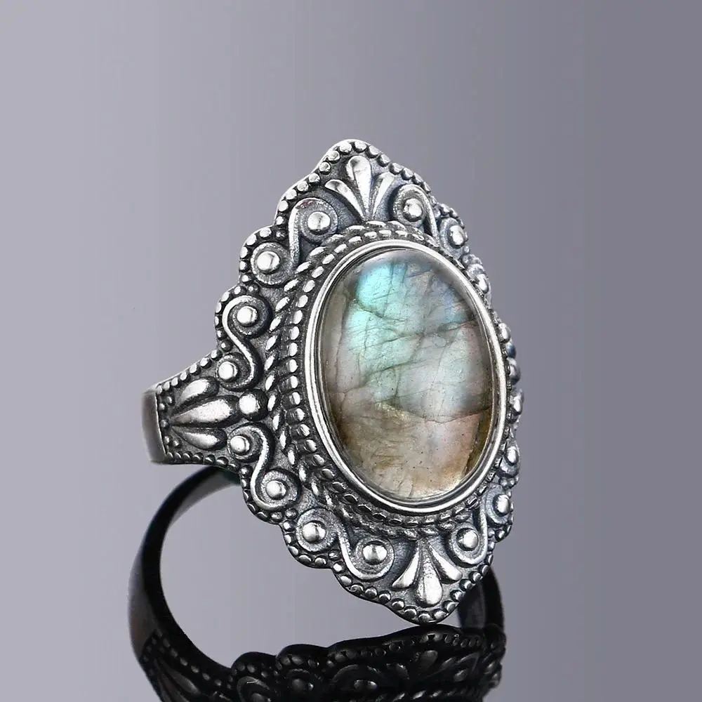 925 Sterling Silver Ring for Women, Retro Sun-Shaped Design with Oval Natural Labradorite, Fine Jewelry for Casual Wear, Multi-Size, Natural Stone, Manual Measurement, 10*12Mm, 8*10Mm, Cute, Female