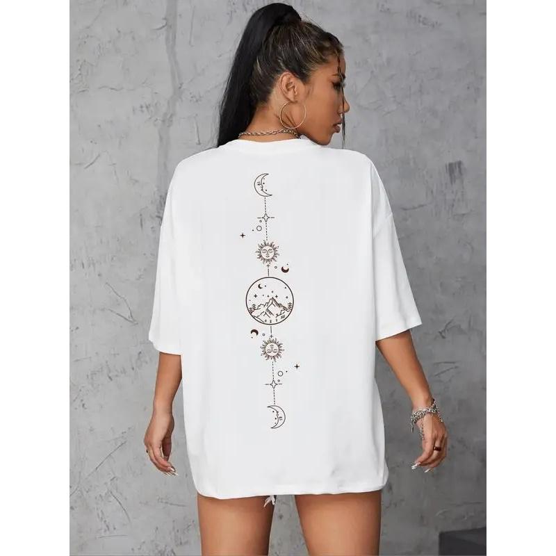Women's Moon & Sun Print Drop Shoulder Tee - Summer Graphic Tee - Menswear, Breathable